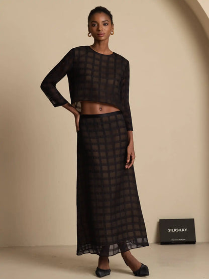 Clearance - 100% Mulberry Silk High-Waist A-Line Textured Grid Long Skirt With Back Zipper