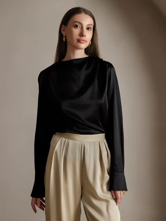 Clearance(US Warehouse) - 19Momme Silk Long Sleeve Boat Neck Blouse