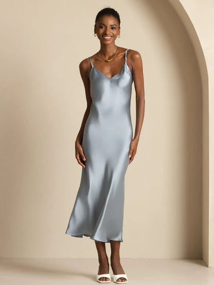 Pure Silk  V Neck Backless Spaghetti Strap Long Dress