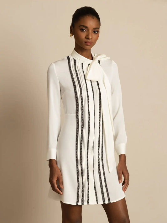 Clearance - 19Momme Silk  Women's Tie-Neck Short Shirt Dress with Vertical Pleated