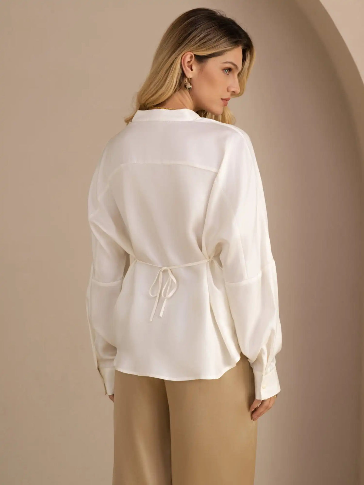 100% Mulberry Silk Women’s Split Neck Long Sleeve Blouse With Drawstring