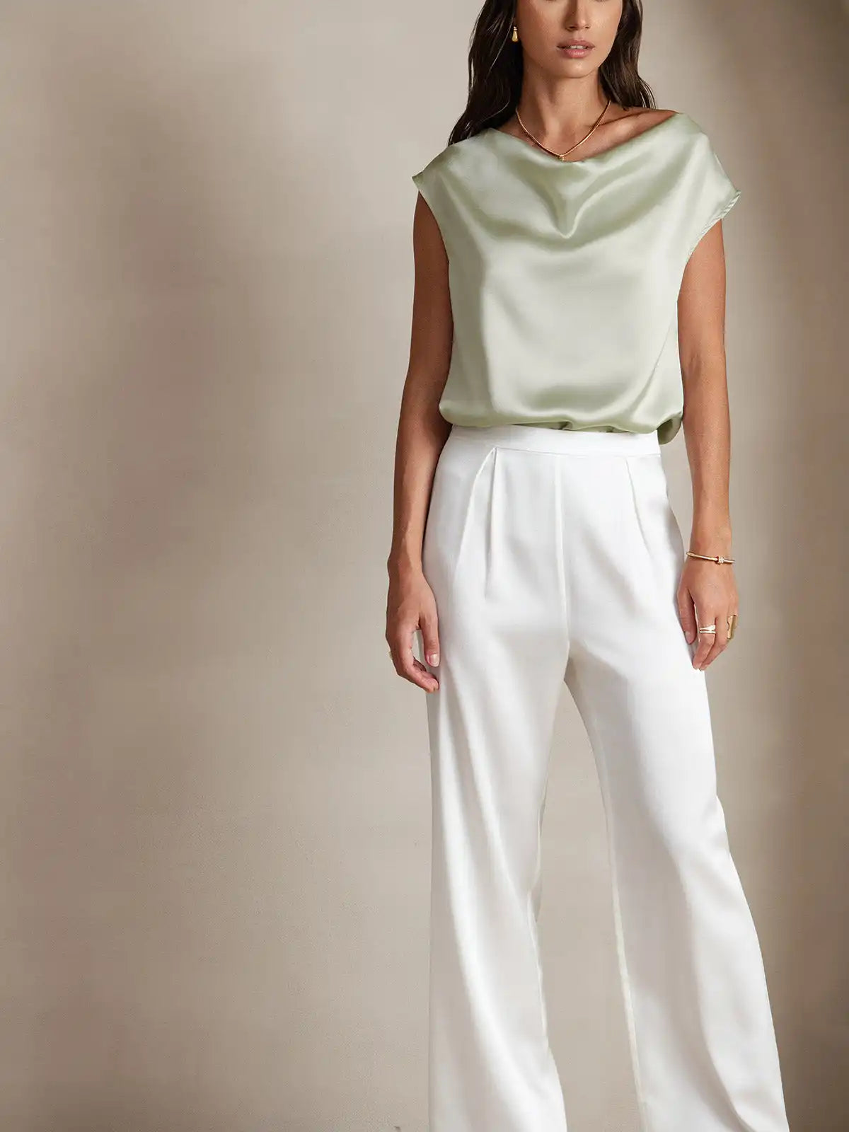 19Momme Women's Silk Cap Sleeve Cowl Neck Top