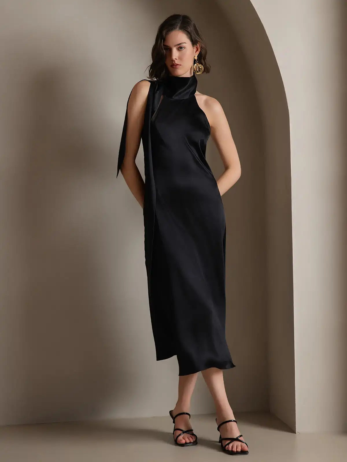 19Momme Silk Sleeveless Tie Neck Midi Dress