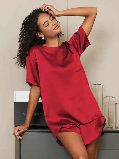 100% Mulberry Silk Short Sleeve Round Neck Women's Pajamas Set