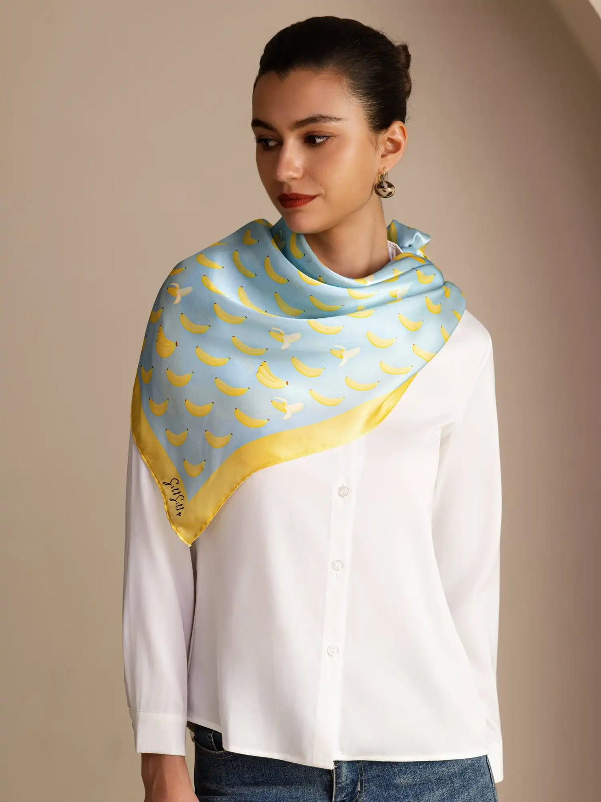 100% Mulberry Silk Banana Pattern Scarf - Size 90x90cm