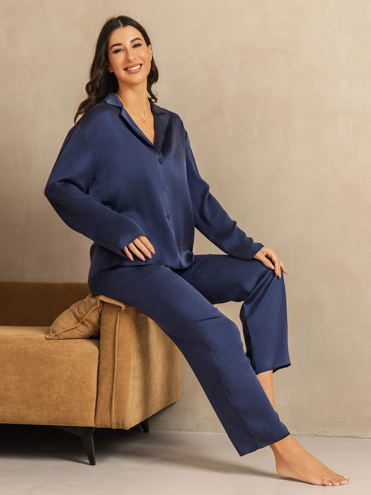 Clearance - 19Momme Washable Silk Long Sleeve Notch Collar Women's Pajamas Set