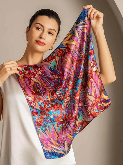 100% Mulberry Silk Floral Pattern  Square Scarf - Size 53x53cm