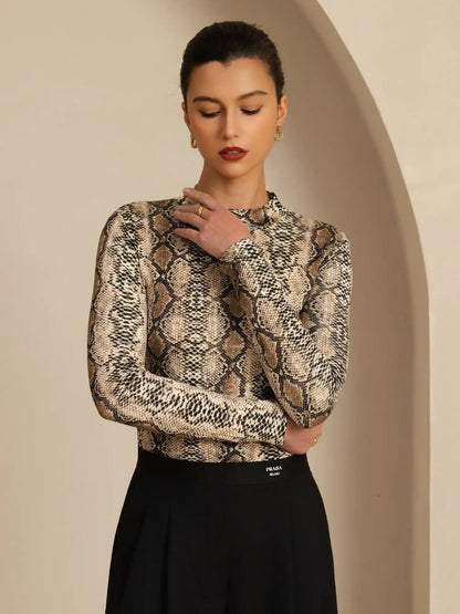 100% Mulberry Silk Wild Animal Print Women's Long Sleeve Mock Neck Top