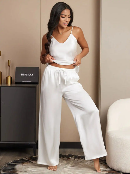 100% Mulberry Silk Spaghetti Strap V Neck Cami & Wide Leg Pants Pajama Set