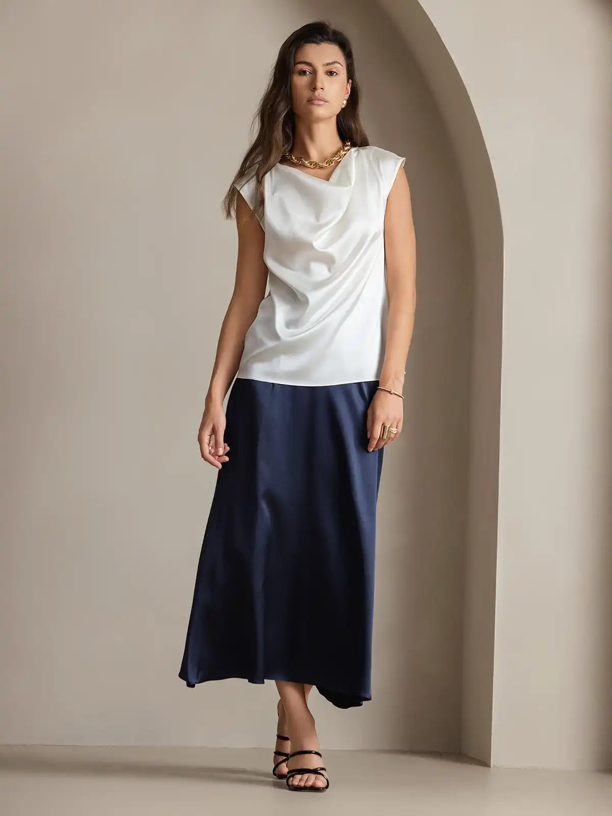 19Momme Silk Cap Sleeve Cowl Neck Women's Top