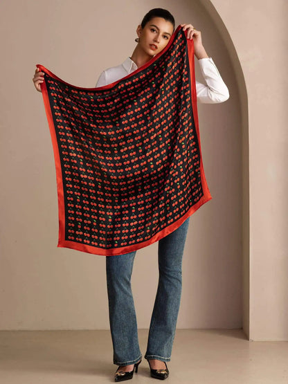 100% Mulberry Silk Cherry Pattern Scarf - Size 90x90cm