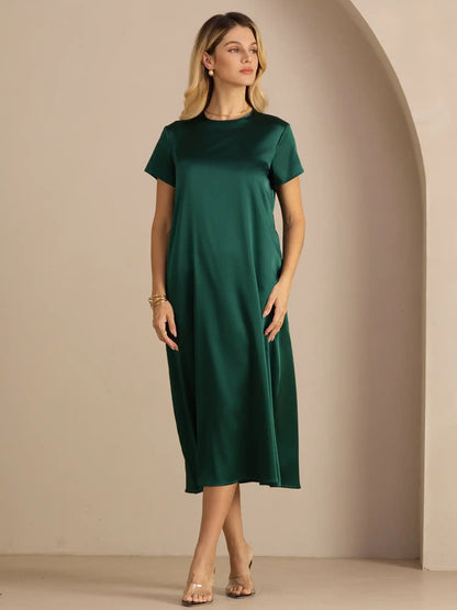 19Momme Silk Short Sleeve Crew Neck  Midi Dress With Side Pockets