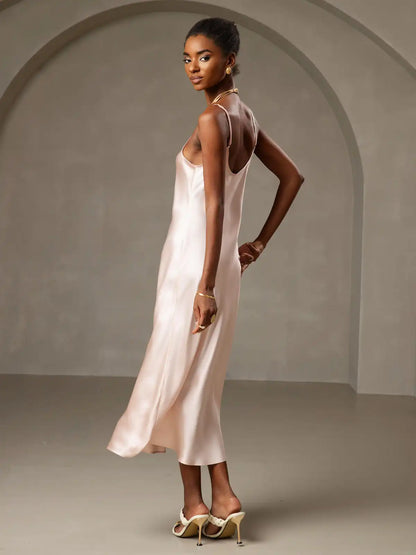 100% Mulberry Silk Spaghetti Strap Midi Long Dress