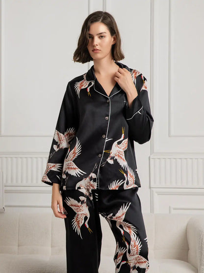 19Momme 100% Mulberry Silk Crane Print Women's Long Sleeve Notch Collar Pajamas Set