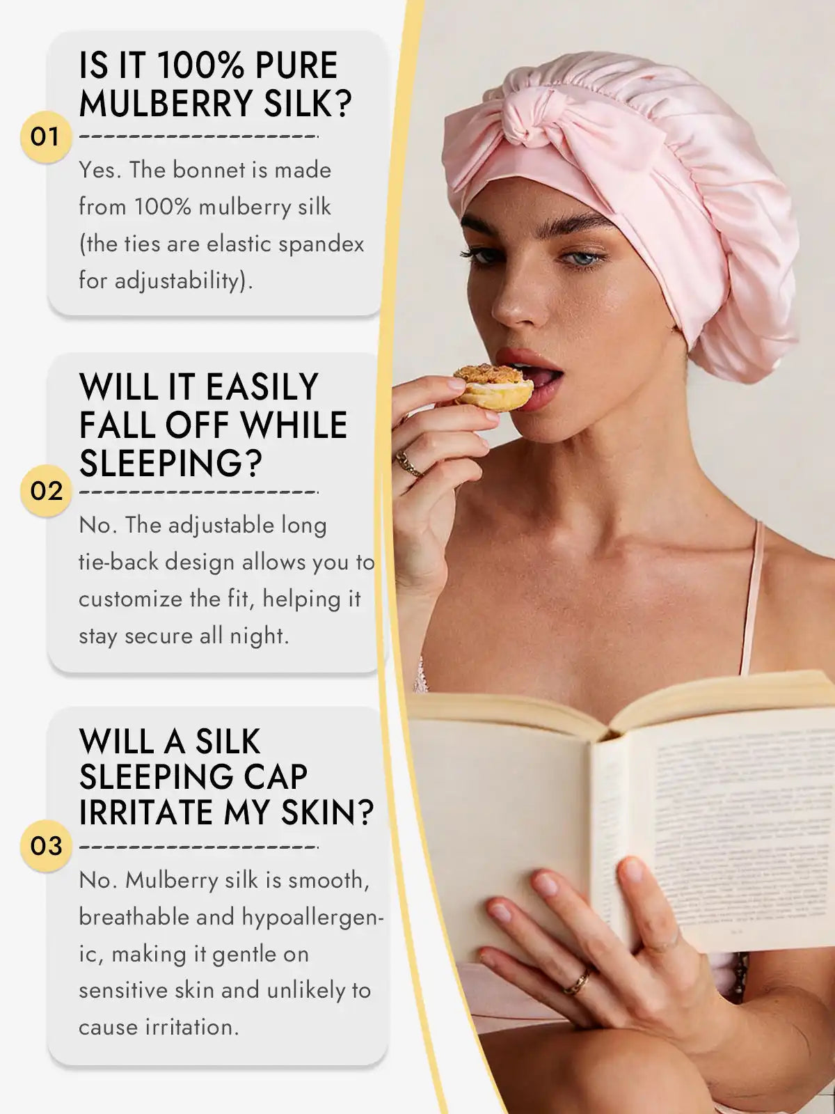100% Mulberry Silk Bonnet Bowknot Tie Sleep Cap for Hair Protection