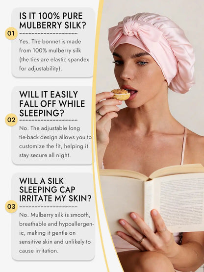 100% Mulberry Silk Bonnet Bowknot Tie Sleep Cap for Hair Protection