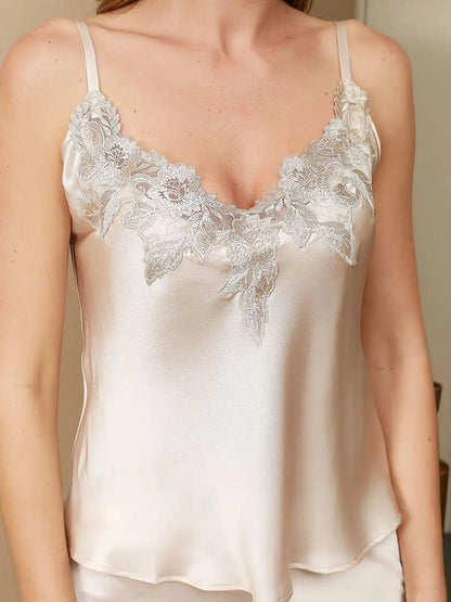 100% Mulberry Silk Lace Trim Camisole Set with Side Slit