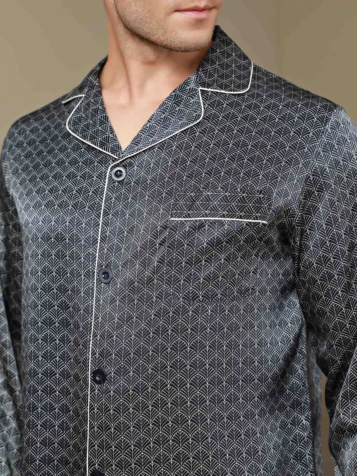 100% Mulberry Silk Ginkgo Print Long Sleeve Men's Pajamas Set With Pants
