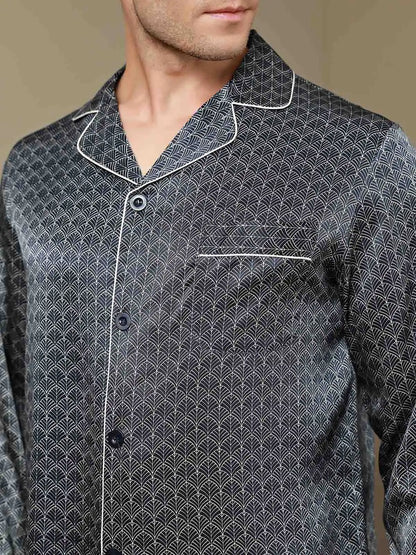 100% Mulberry Silk Ginkgo Print Long Sleeve Men's Pajamas Set With Pants