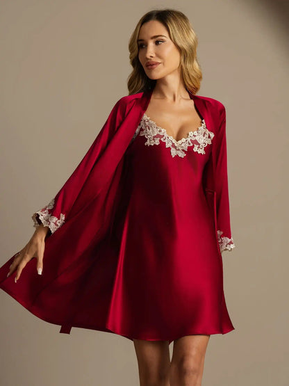 Elegant 100% Mulberry Silk Lace Trim Nightgown & Robe Set 2Pcs