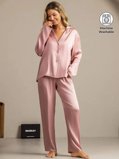 Clearance - 19Momme Washable Silk Long Sleeve Notch Collar Women's Pajamas Set