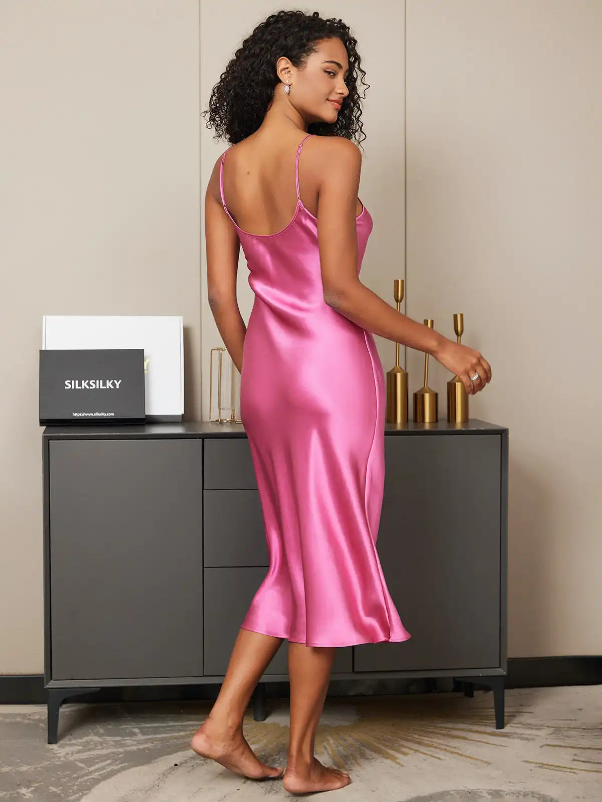 100% Mulberry Silk Spaghetti Strap V-neck Midi Nightgown