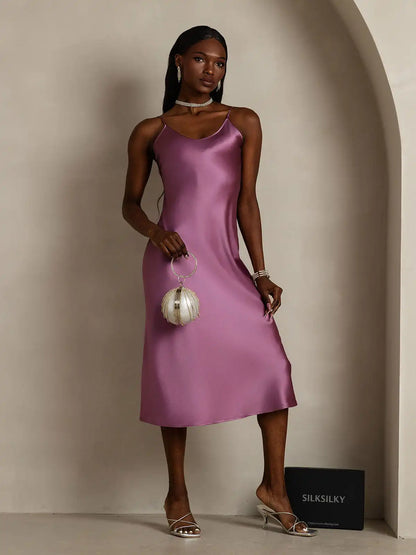 100% Mulberry Silk Spaghetti Strap V-neck Midi Nightgown