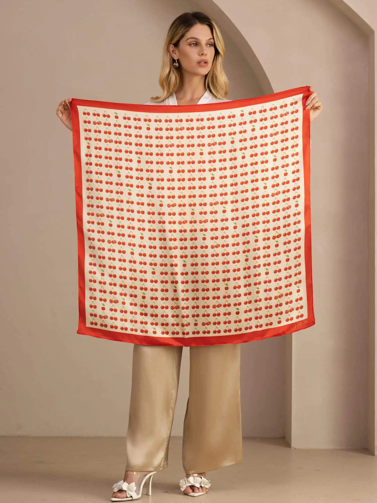 100% Mulberry Silk Cherry Pattern Scarf - Size 90x90cm