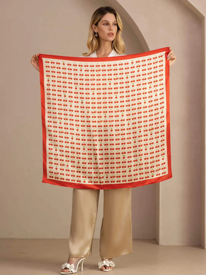 100% Mulberry Silk Cherry Pattern Scarf - Size 90x90cm