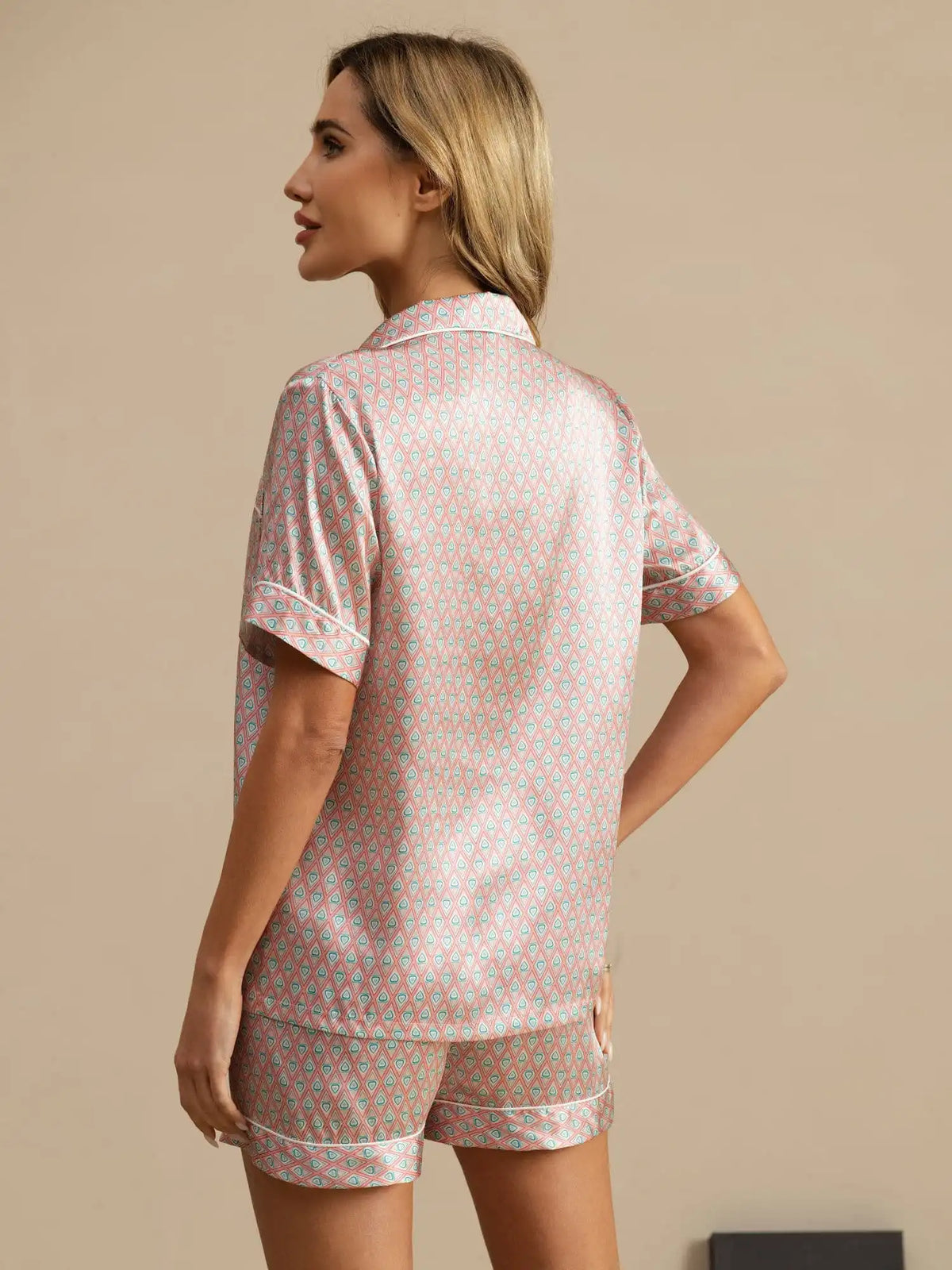 Clearance - 100% Mulberry Silk Geometric Print Short Sleeve Notch Collar Women's Pajamas Set