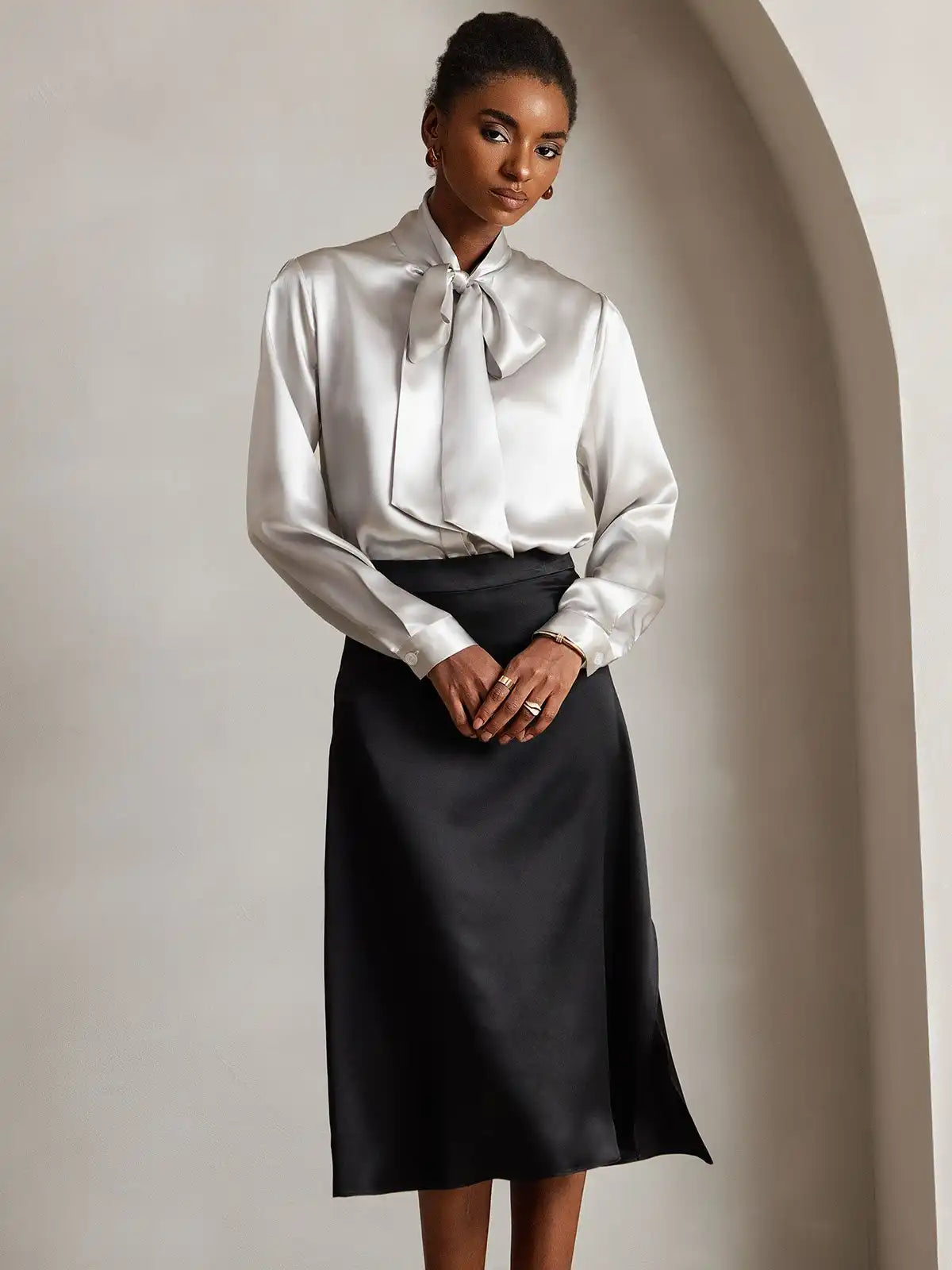 Elegant 19Momme Silk Long Sleeve Tie Neck Blouse