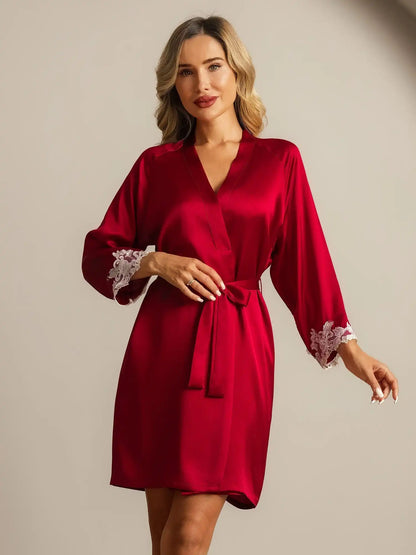 100% Mulberry Silk Lace Cuffs Robe Wrap Kimono Belted with 3/4 Sleeves