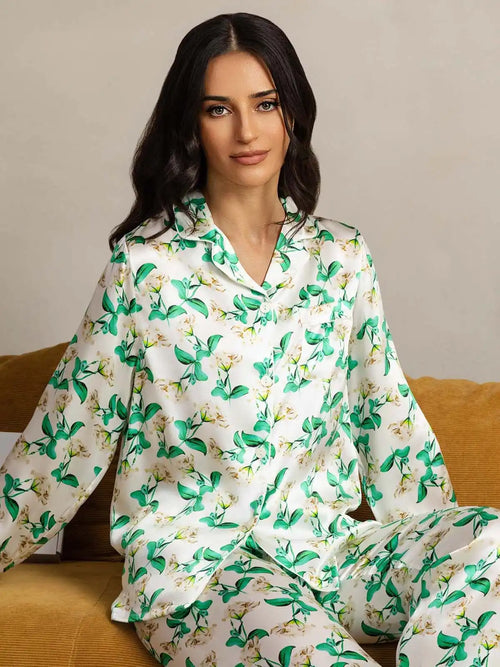Clearance - Women's Pure Silk Green Floral Print Long Sleeve Notch Collar Pajamas Set