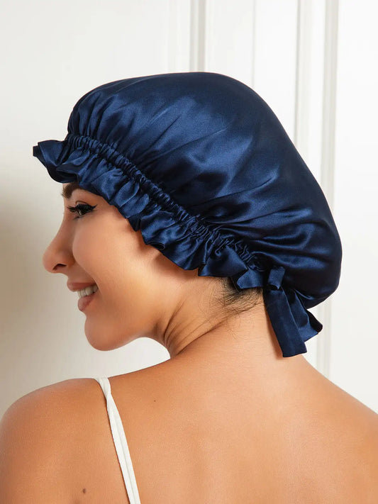 100% Mulberry Silk Sleep Cap Double Layer Bonnet with Ribbon