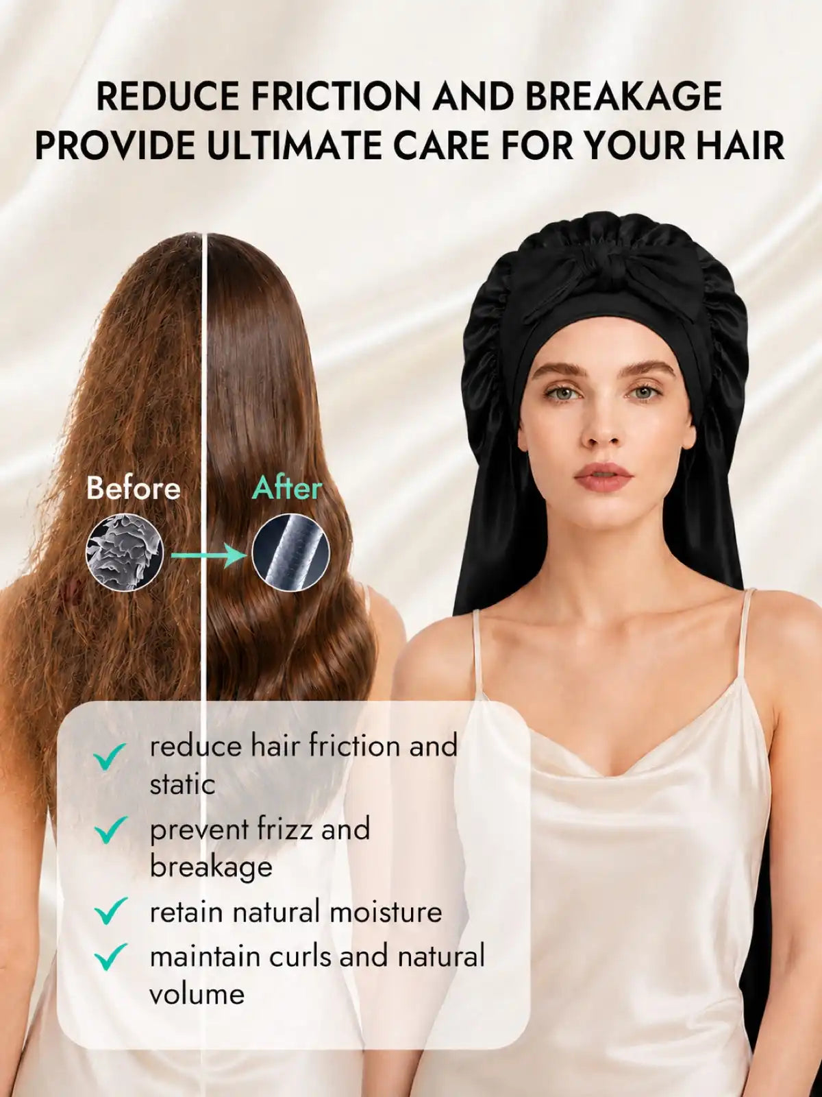 100% Mulberry Silk Double-Layer Long Bonnet with Adjustable Long Tie