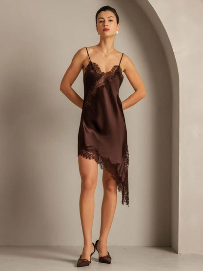 100% Mulberry Silk V Neck Asymmetrical Hem Slip Short Dress with Lace Design