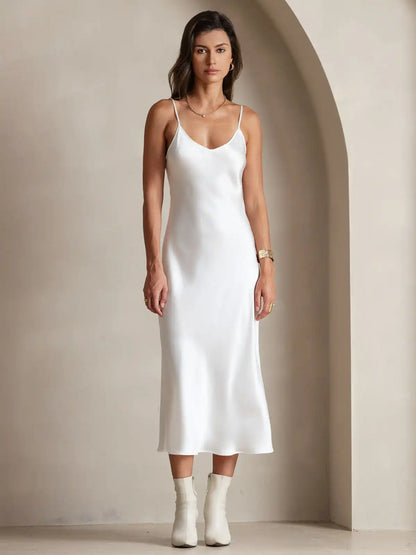 100% Mulberry Silk Spaghetti Strap V Neck Midi Dress