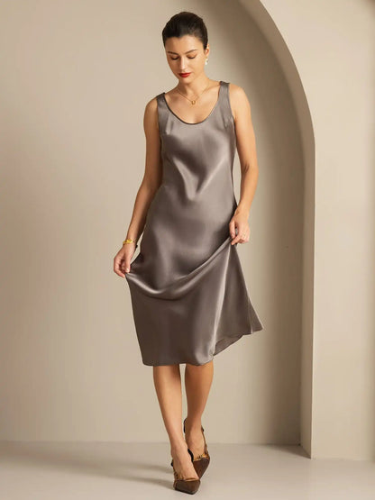100% Mulberry Silk Sleeveless U Neck Midi Long Dress