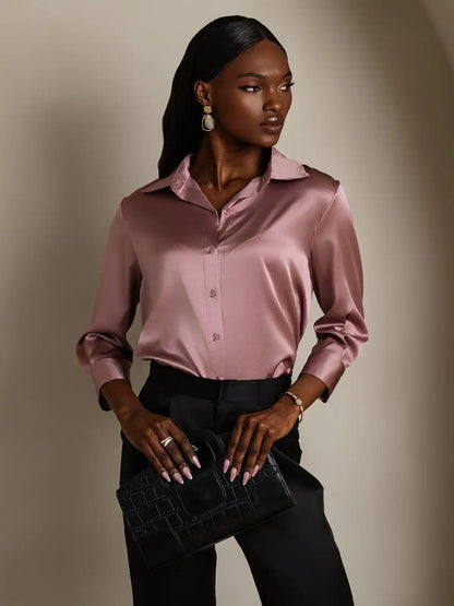 19Momme Silk 3/4 Sleeve Lapel Collar Women's Shirt with Button Up Design