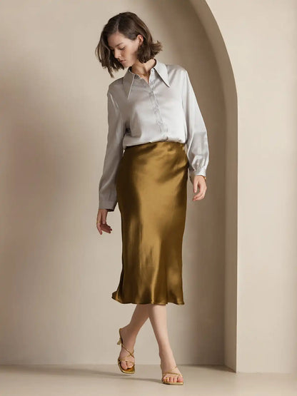 100% Mulberry Silk Stretch Long Straight Skirt