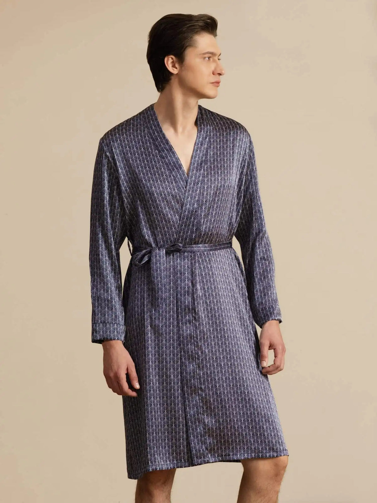 100% Mulberry Silk Men’s Knee Length Ginkgo Printed Robe With Belted Design