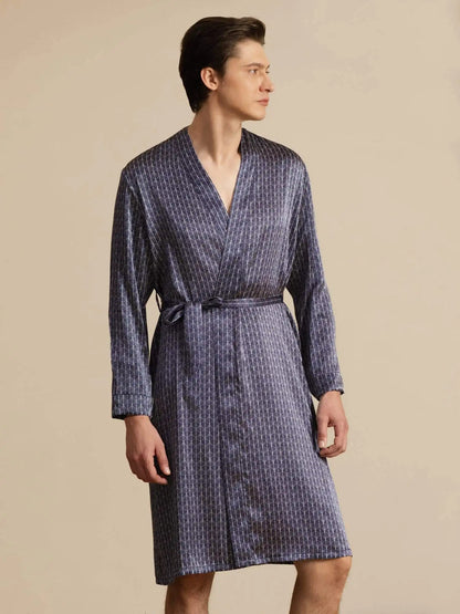 100% Mulberry Silk Men’s Knee Length Ginkgo Printed Robe With Belted Design
