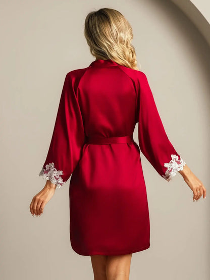 100% Mulberry Silk Lace Cuffs Robe Wrap Kimono Belted with 3/4 Sleeves