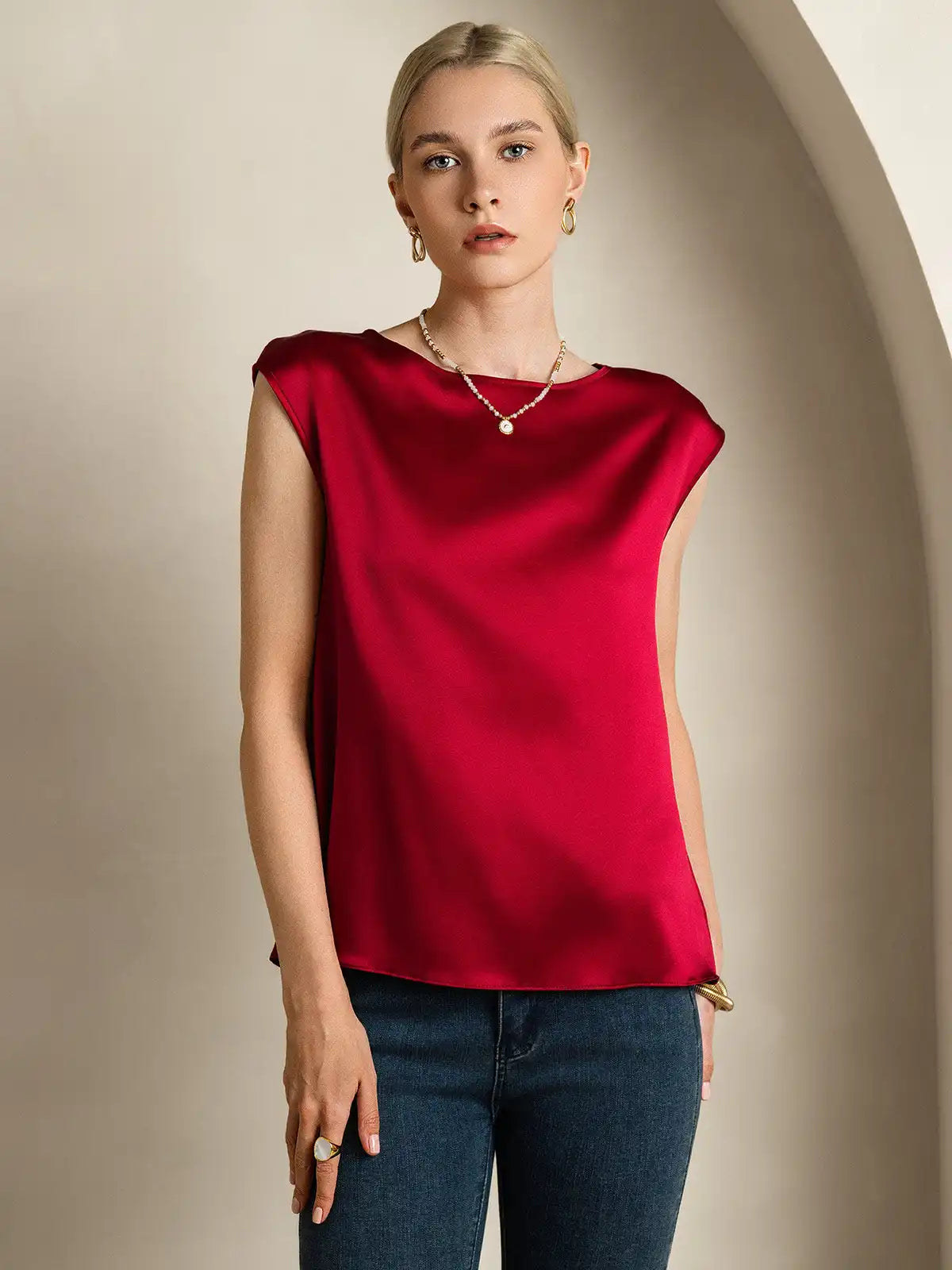 19Momme Women's Silk Cap Sleeve Round Neck Top
