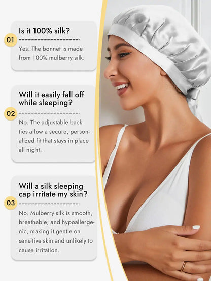 100% Mulberry Silk Sleep Bonnet with Ribbons