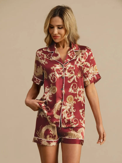 Women's 100% Mulberry Silk Dragon Print Short Sleeve Notch Collar Pajamas Set With Shorts