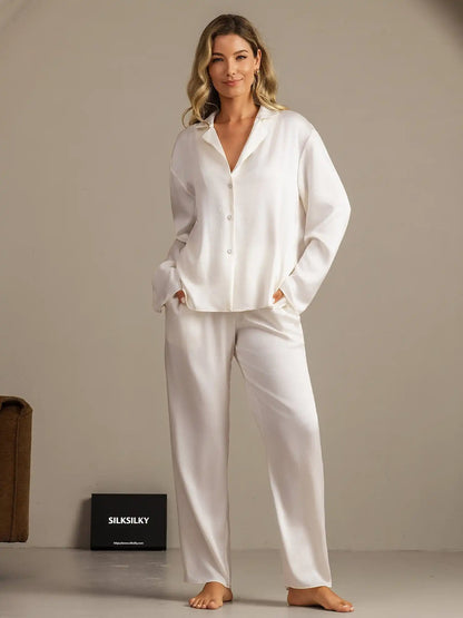 Clearance - 19Momme Washable Silk Long Sleeve Notch Collar Women's Pajamas Set