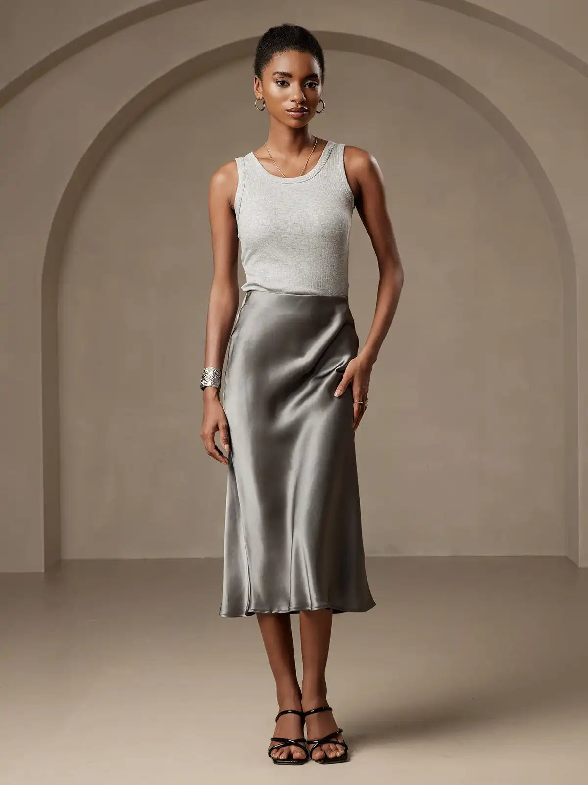 100% Mulberry Silk Stretch Long Straight Skirt
