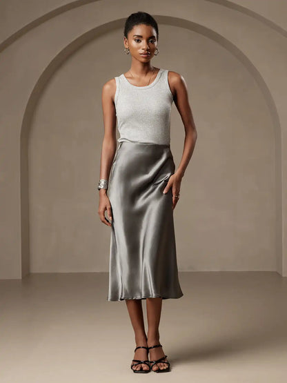100% Mulberry Silk Stretch Long Straight Skirt