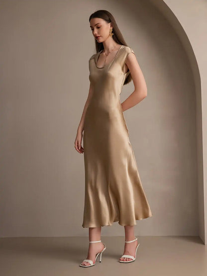 19Momme Silk Cap Sleeve Round Neck Midi Dress